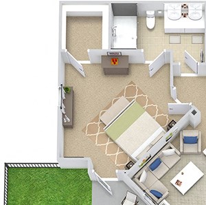 Sevilla with Fenced-in Yard Sevilla with Fenced-in Yard. 2 bedroom apartment. Kitchen with bartop open to living room. 2 full bathrooms, double vanities. Walk-in closets. Patio/balcony open to yard. External storage.